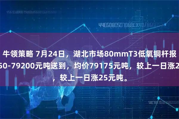 牛领策略 7月24日，湖北市场80mmT3低氧铜杆报价79150-79200元吨送到，均价79175元吨，较上一日涨25元吨。